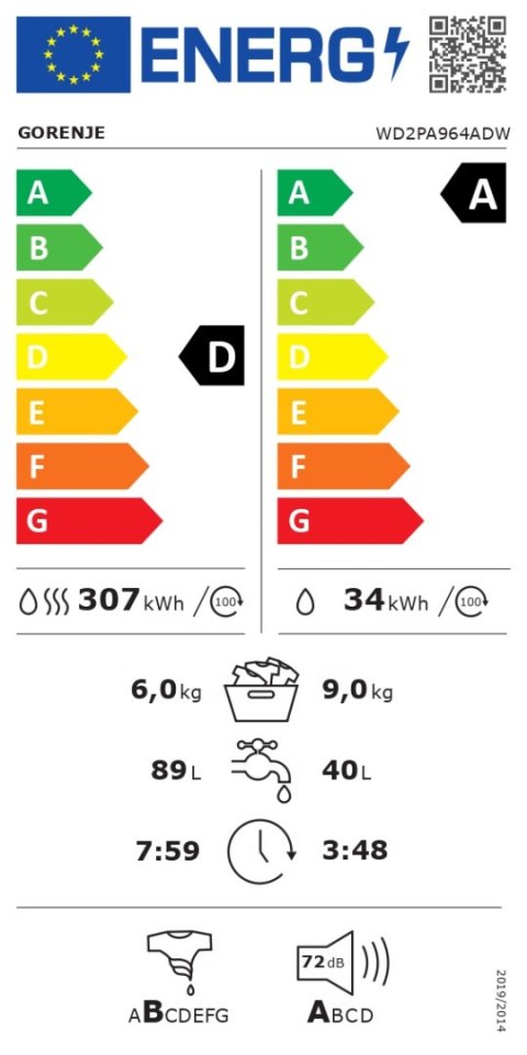 Gorenje Washing Machine with Dryer | WD2PA964ADW | Energy efficiency class A/D | Front loading | Washing capacity 9 kg | 1400 RP