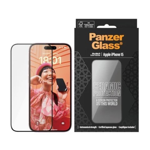 PanzerGlass Ceramic Protection dla iPhone 15 | Ultra-Wide Fit z EasyAligner | PanzerGlass
