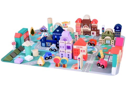 Pastelowy Zestaw Klocki drewniane Miasteczko + Mata puzzle 115 ele ZA5373 Pastelowy Zestaw Klocki drewniane Miasteczko + Mata puzzle 115 ele ZA5373