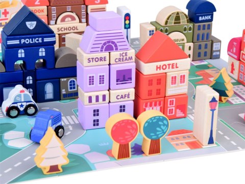 Pastelowy Zestaw Klocki drewniane Miasteczko + Mata puzzle 115 ele ZA5373 Pastelowy Zestaw Klocki drewniane Miasteczko + Mata puzzle 115 ele ZA5373