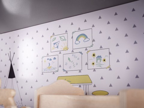Domek dla lalek drewniany mebelki 70cm szary Domek dla lalek drewniany mebelki 70cm szary